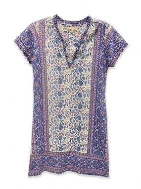 Lola Australia Boho Floral Print Tunic Dress Purple Blue Short Sleeve Size XS